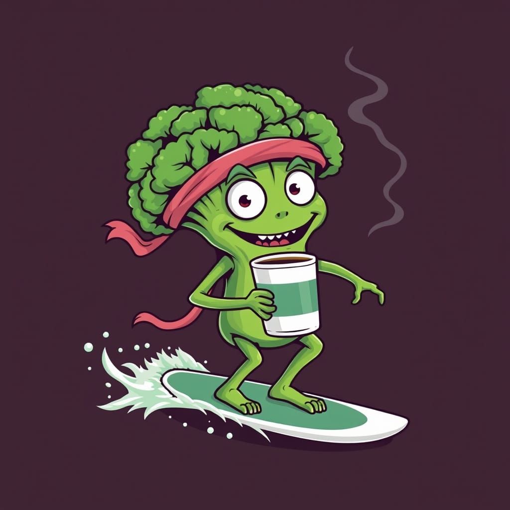 Broccoli Surfing Monster Rides Waves with Coffee and Headban...