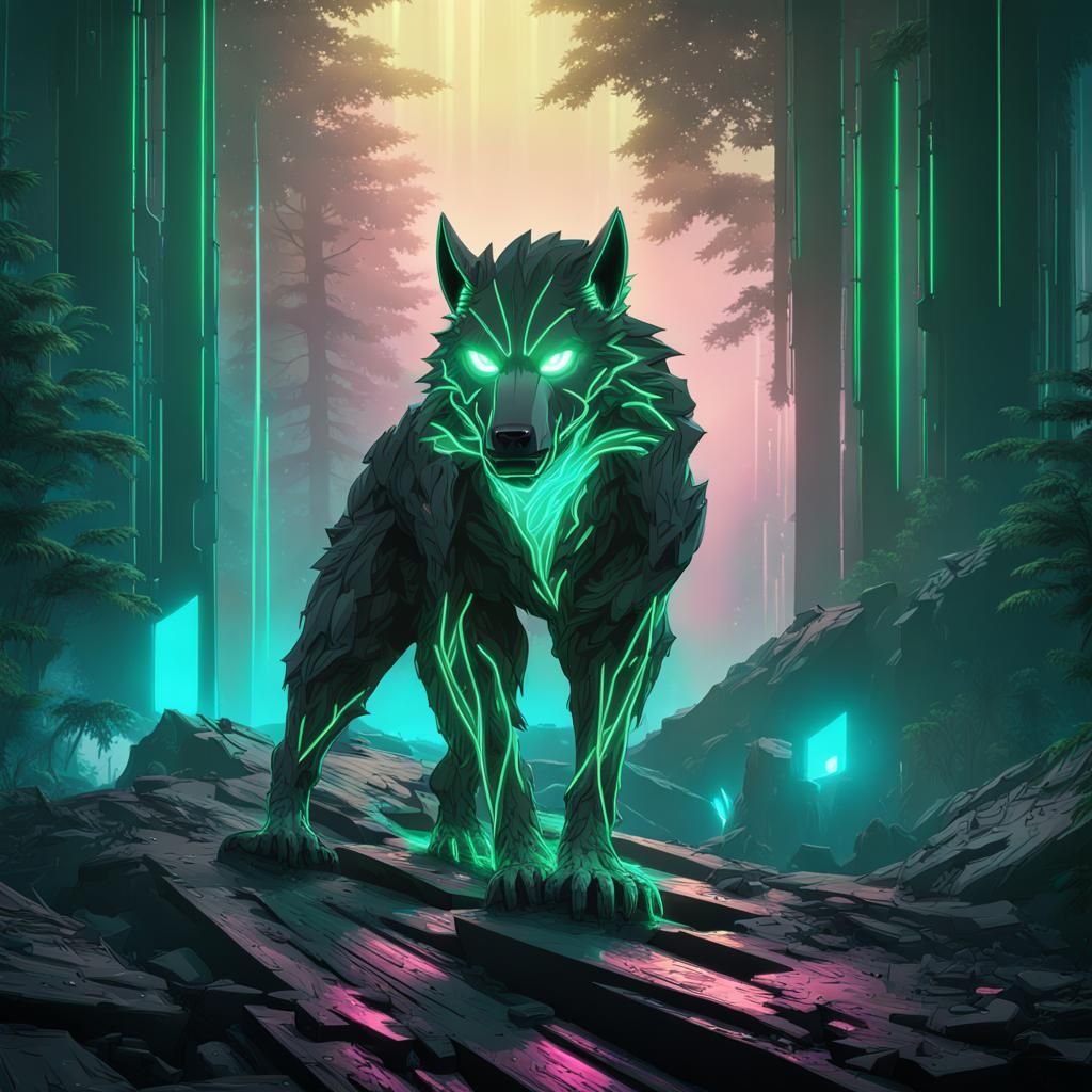 Cyberpunk Steel Werewolf in Neon Forest