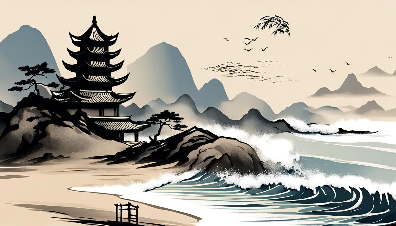 Ocean Waves and Pagoda in Chinese Ink Style