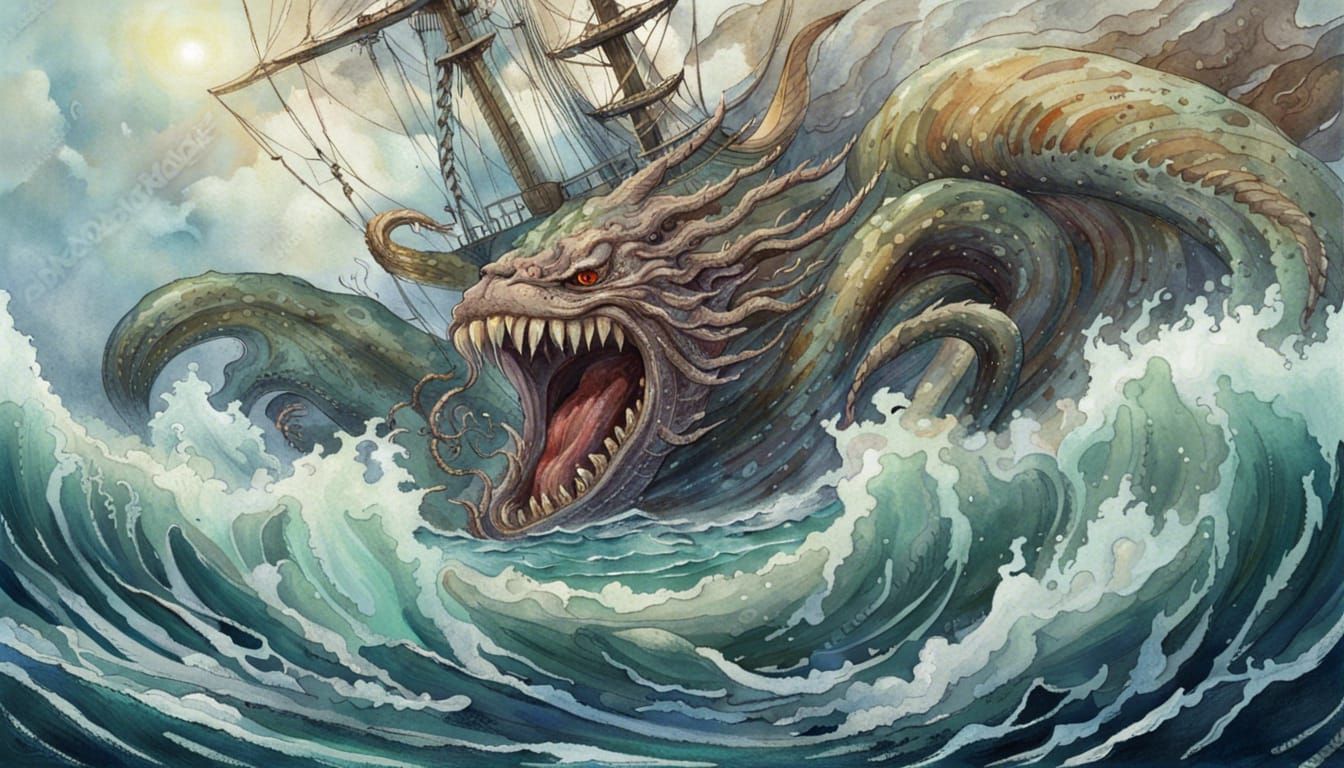 Sea Monster Crushes Ship in Impressionist Gouache