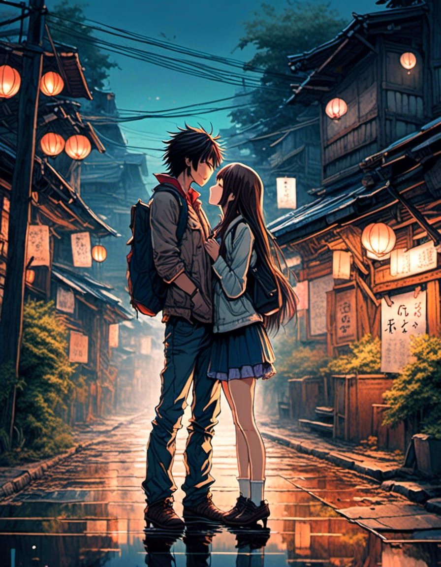 Romantic Couple's First Kiss in Anime Style