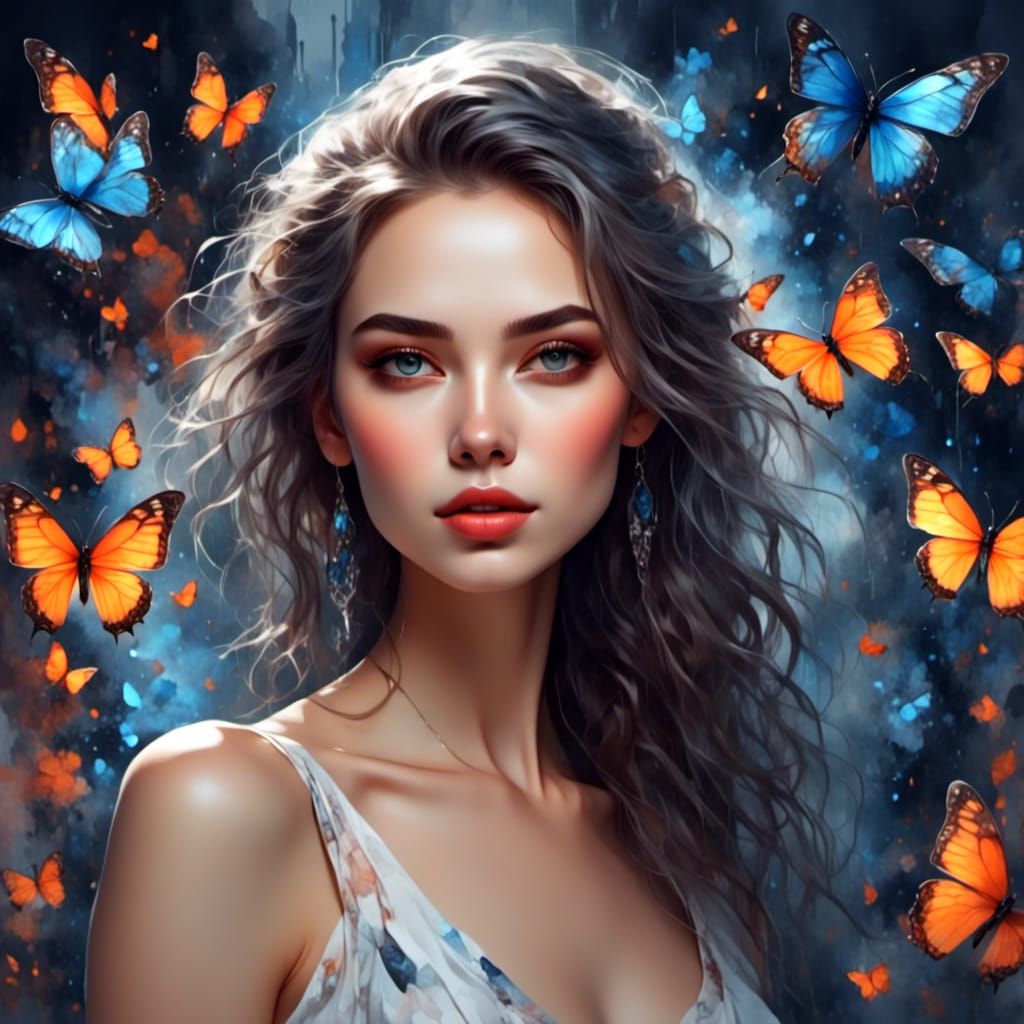Ethereal Butterfly Woman Portrait in Watercolor Style