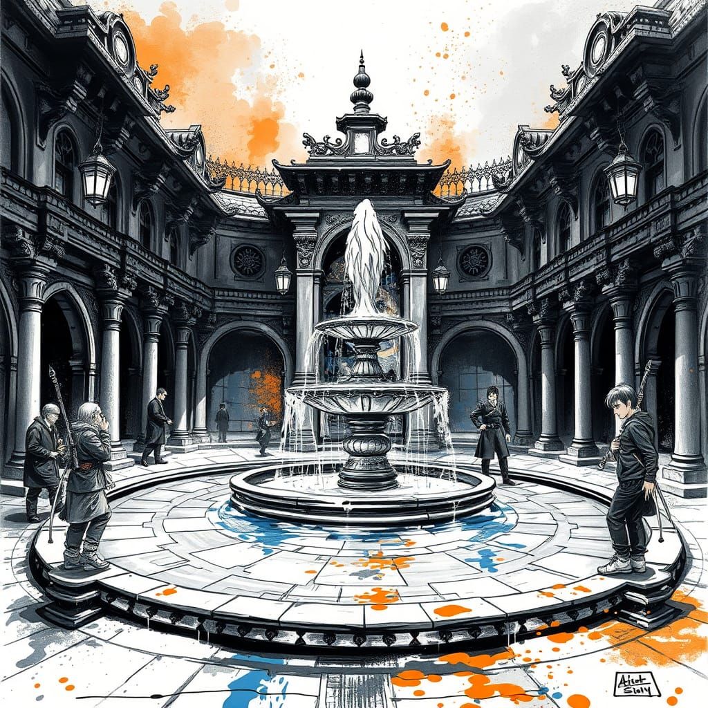 Mystical Fountain Courtyard in Ink, Matte Painting