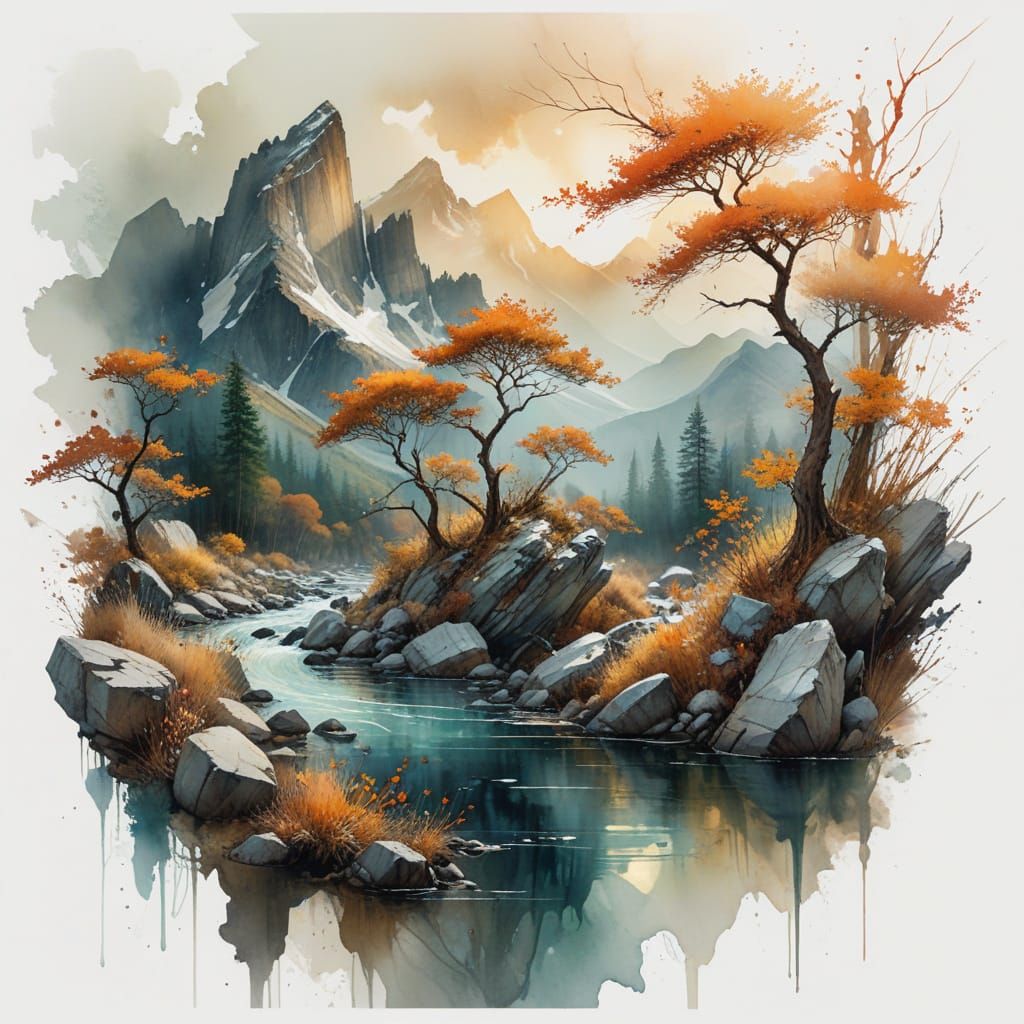 Surreal Landscape of Golden Sunset and Majestic Mountains