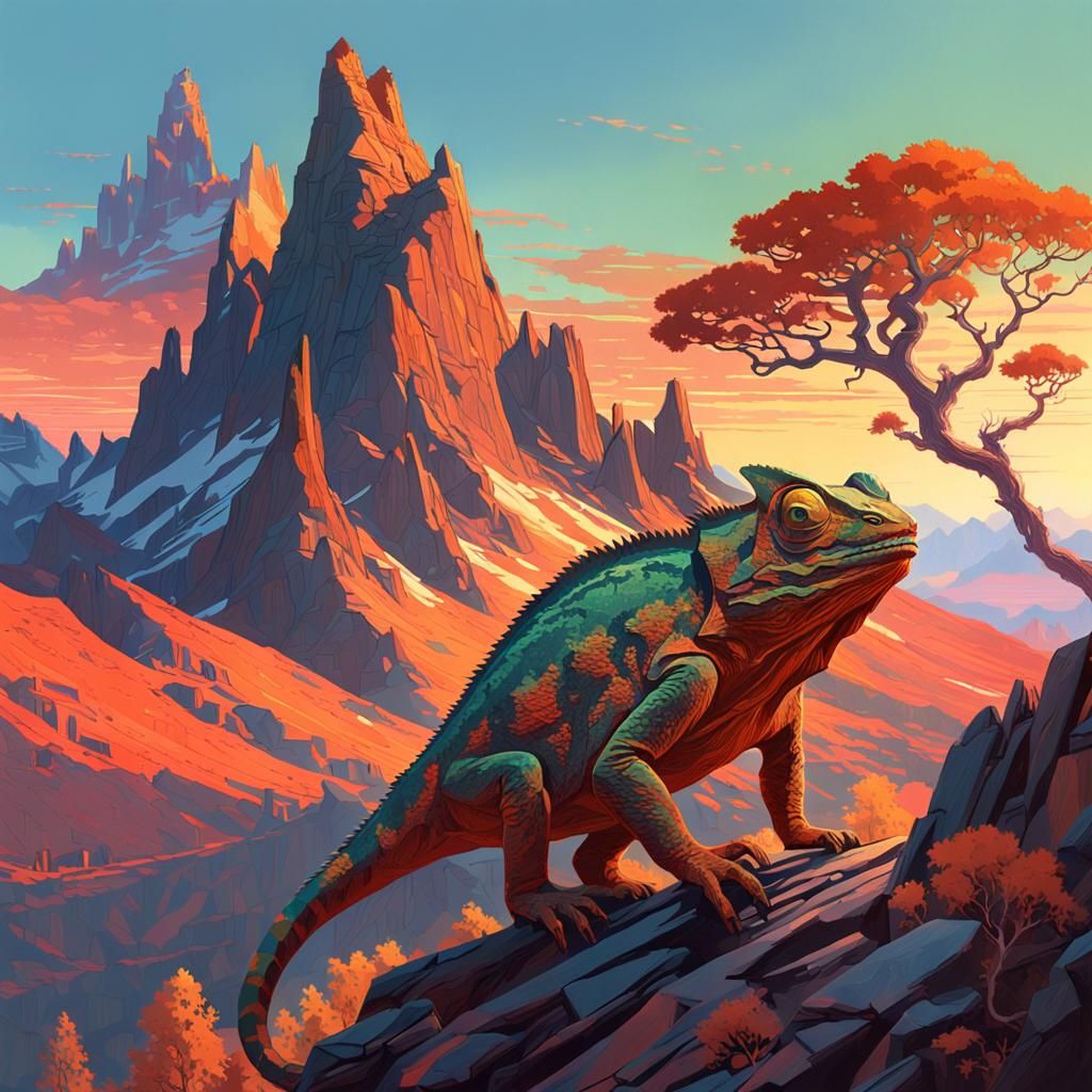 Sunset Chameleon on Mountain in Digital Art Style