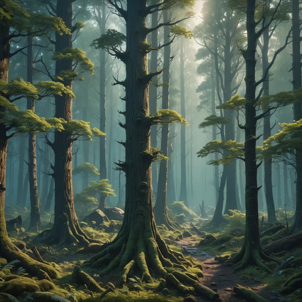 Fantastical Forest Wood Relief Carving in Sunlight