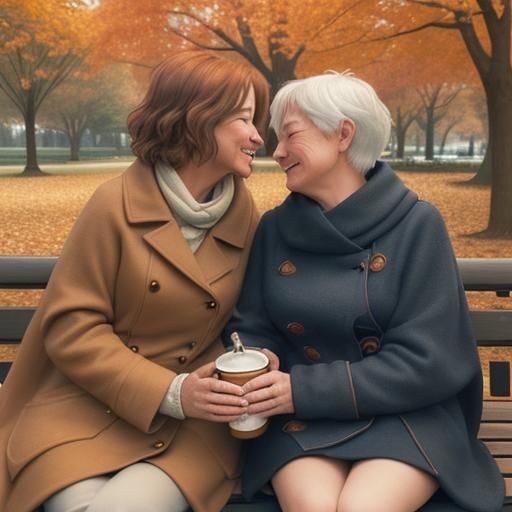A tender moment between an age gap lesbian couple sitting on a park bench in the fall, wrapped in a cozy blanket, sharin...