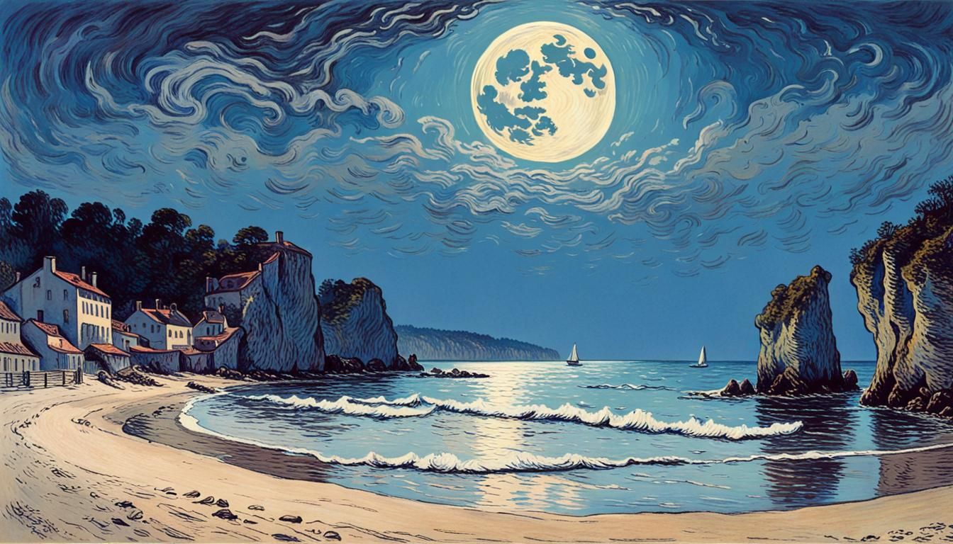 Psychedelic Moonrise at French Seashore, Lithography Style
