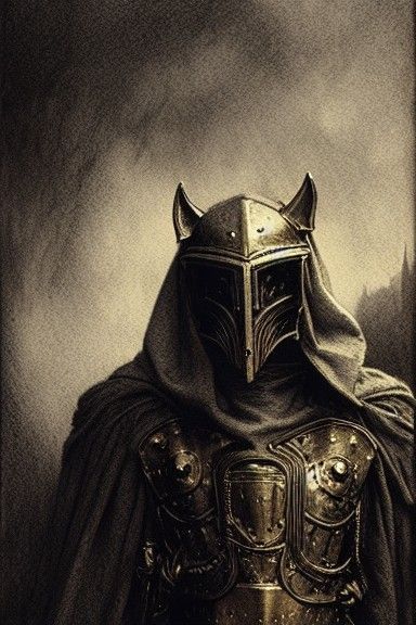 Sinister Gold Wolf Knight Portrait in Charcoal Style