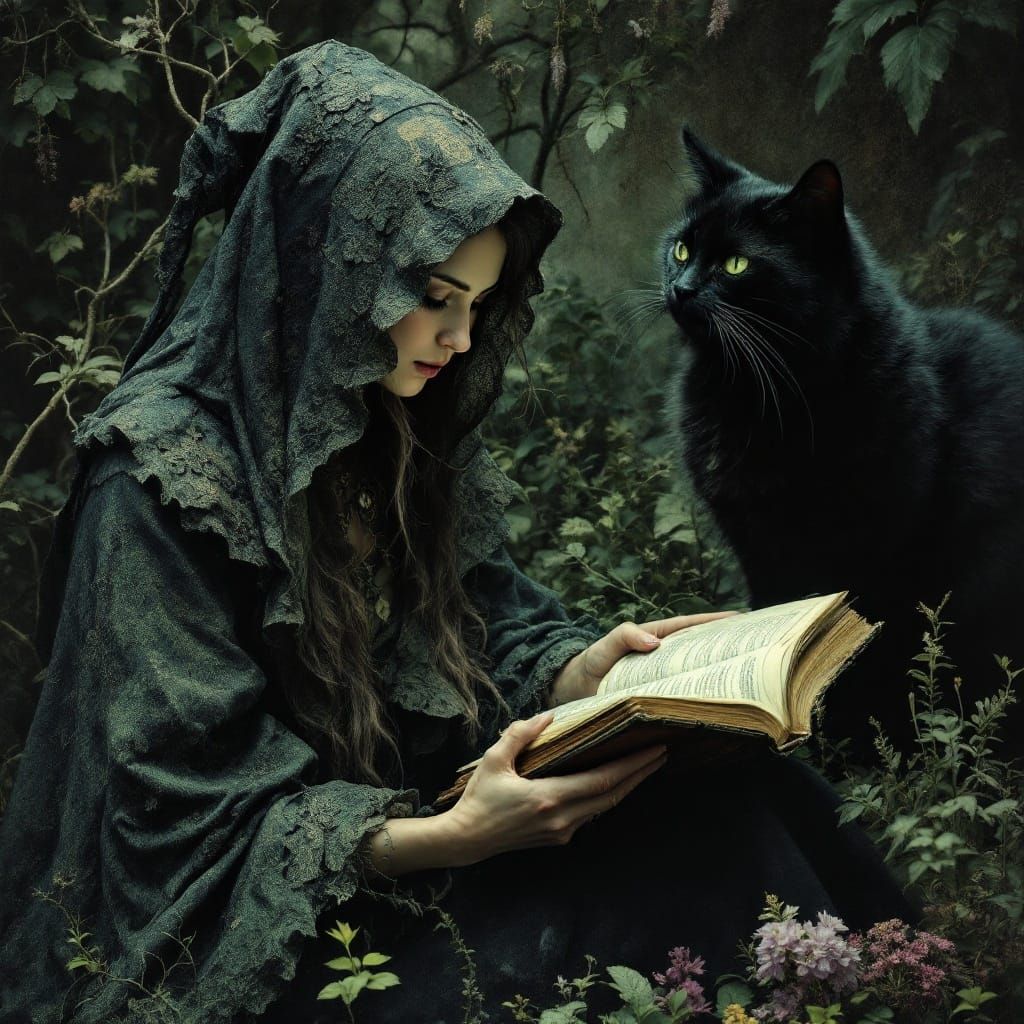 Enchanted Herb Witch in Mystical Nocturnal Garden