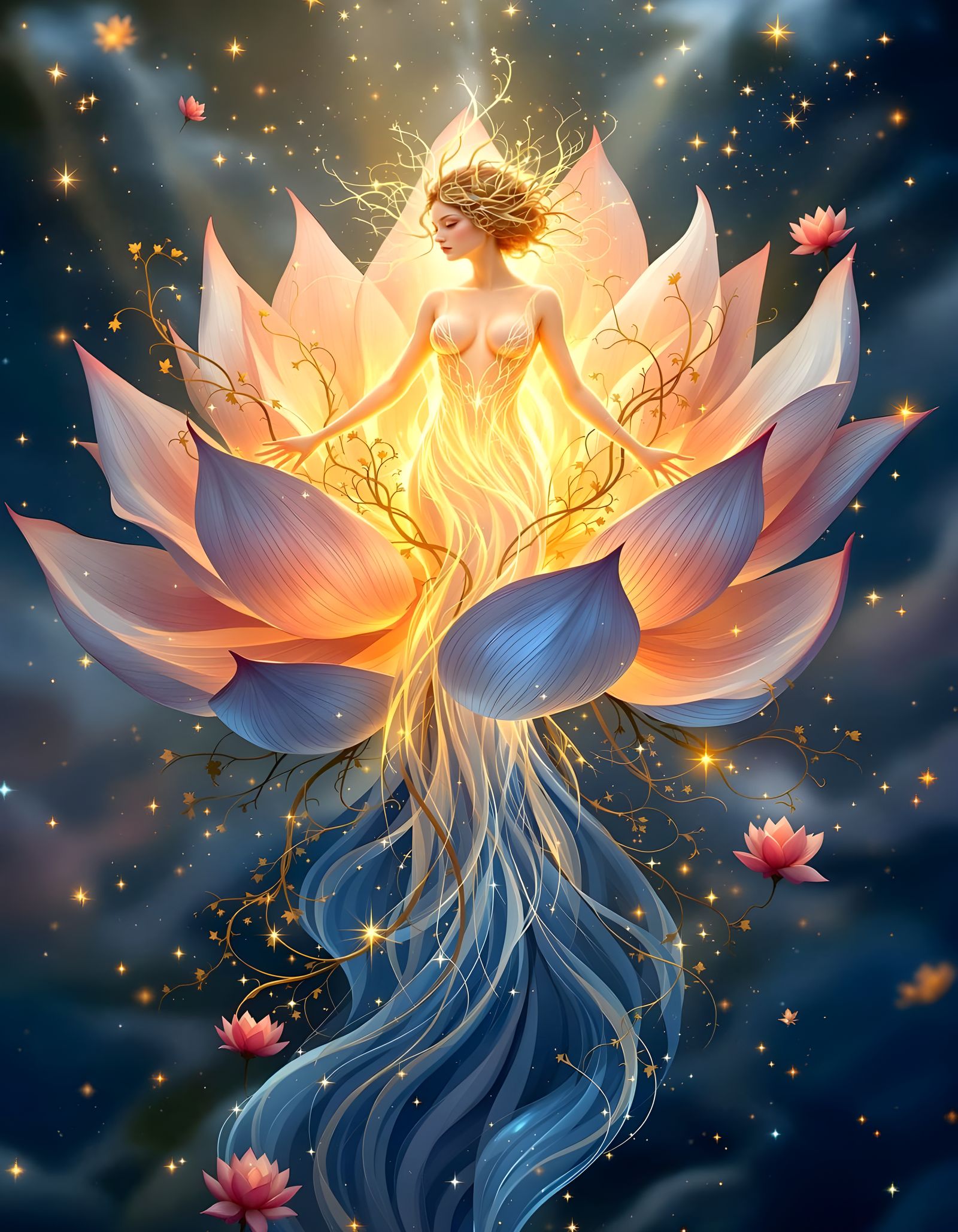 Ethereal Being Emerges from Lotus Flower in Art Nouveau Styl...