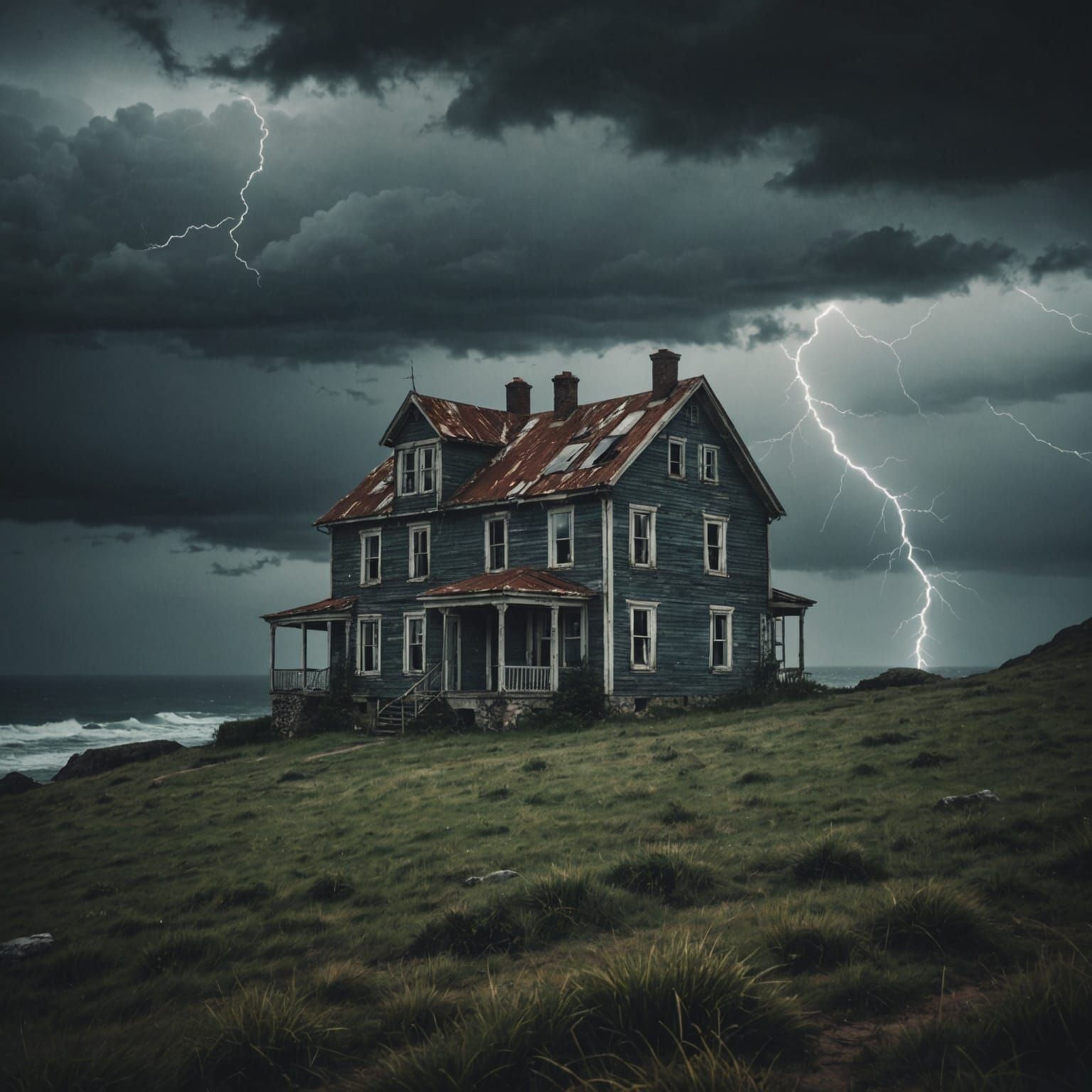 Moody Old House Overlooking Stormy Sea