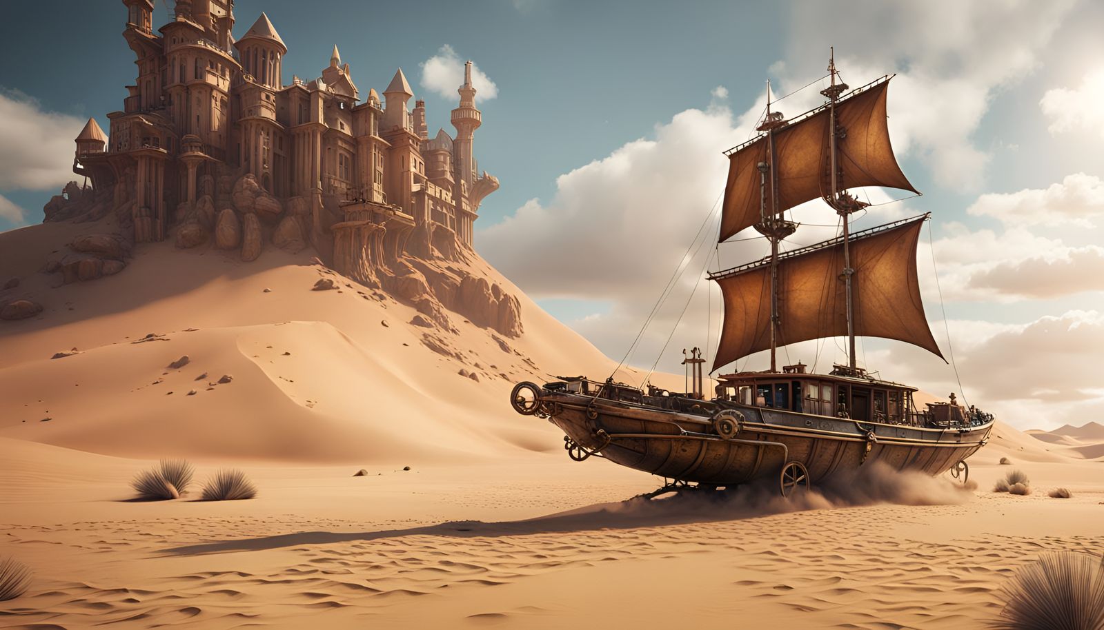 Steampunk Sand Yacht Traversing Arid Landscape