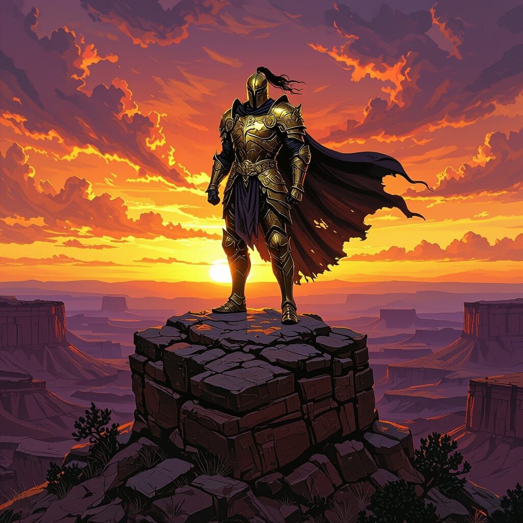 Golden Knight at Sunset: Fantasy Art Landscape