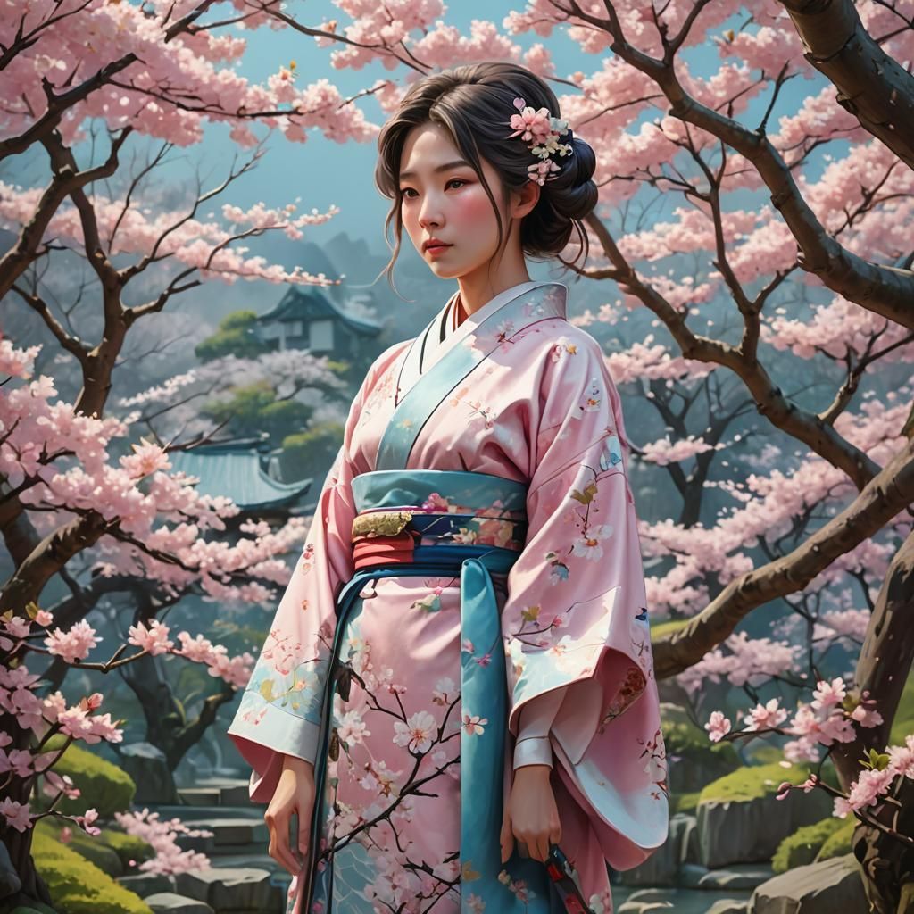 Mystical Japanese Garden with Woman in Kimono