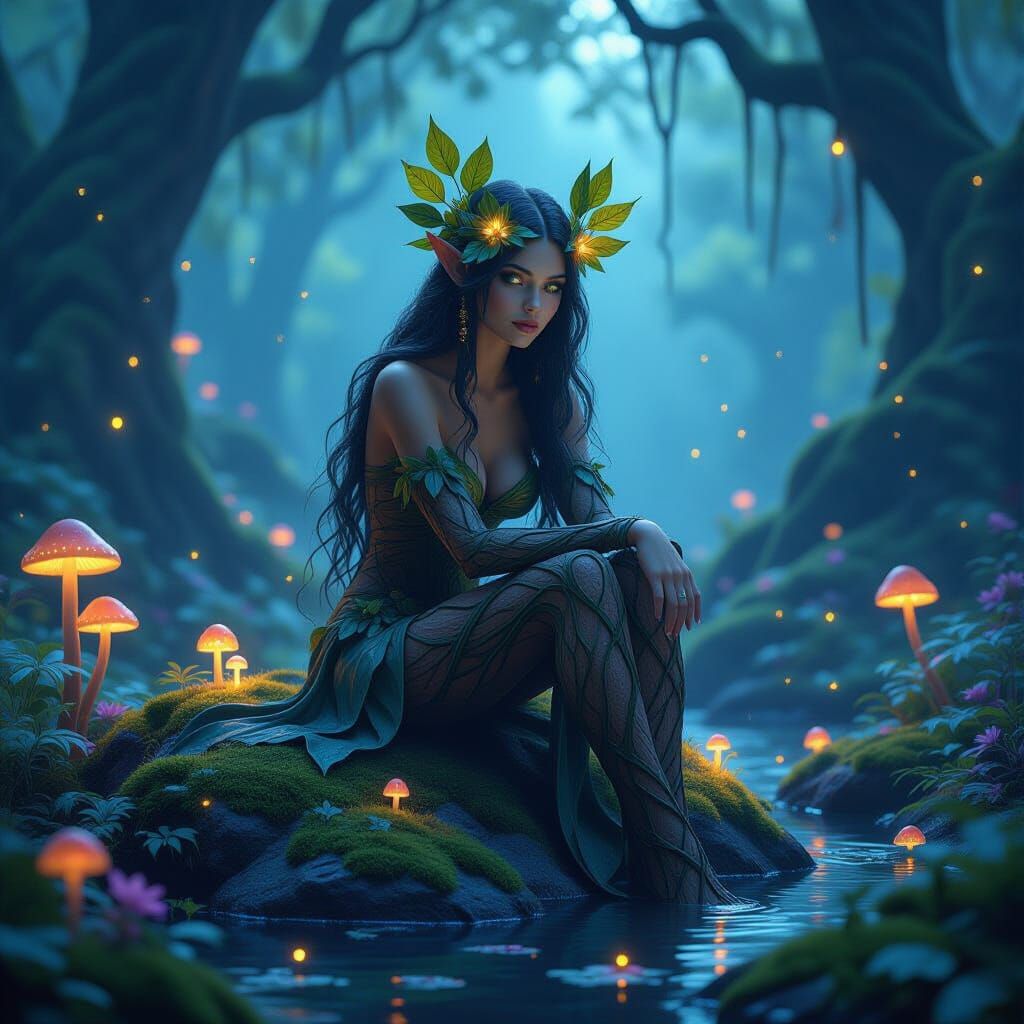 Bioluminescent Forest Dryad in Art Nouveau Style