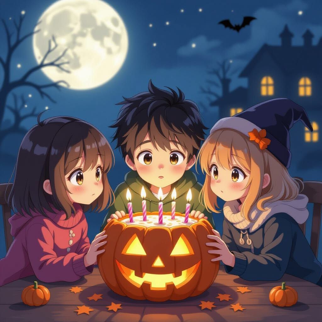 Children Blow Out Halloween Pumpkin Candles in Anime Style