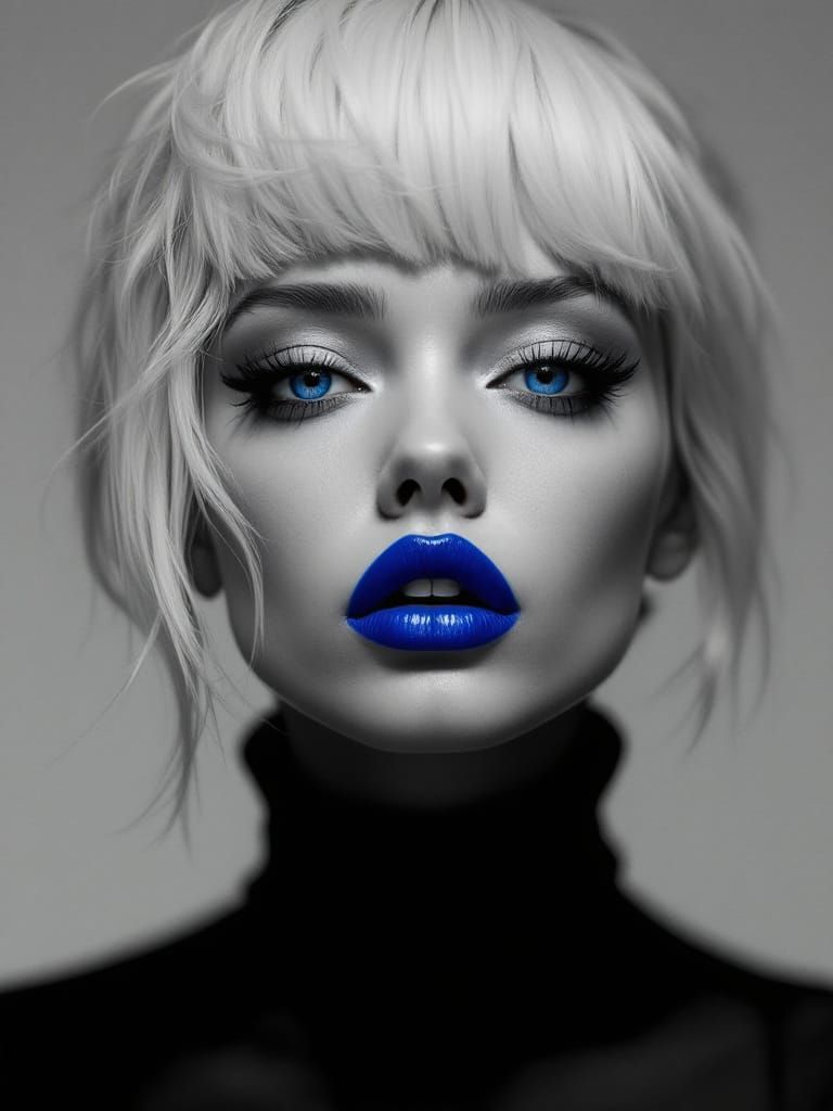 Grayscale Portrait with Vivid Blue Lips and Eyes