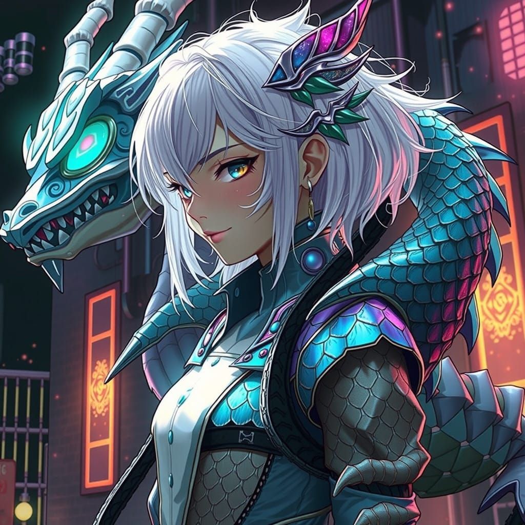 Ethereal Cyberpunk Warrior Princess in Iridescent Armor