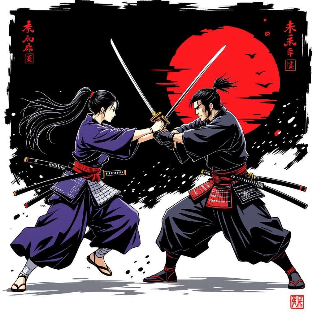 Dynamic Samurai Duel in Hokusai & Miyazaki Style