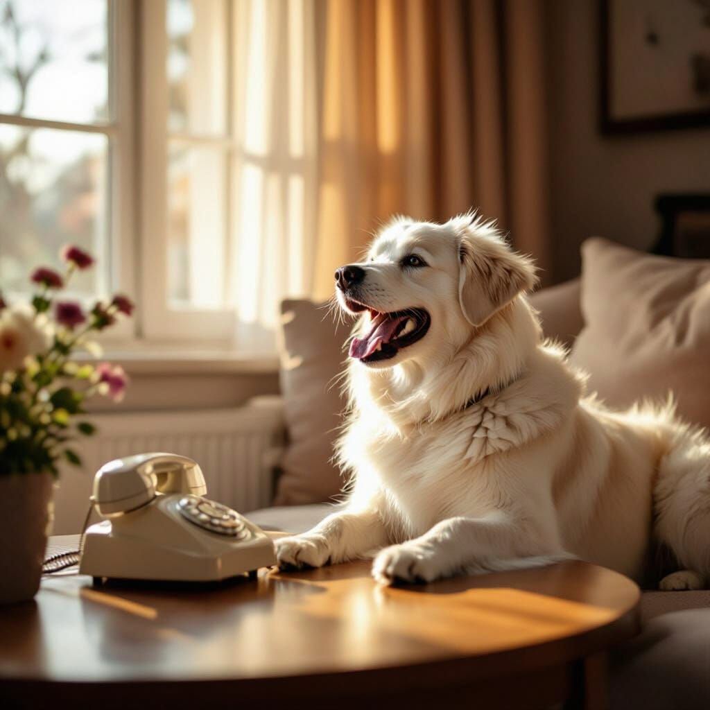 White Dog Barks at Ringing Phone in Cozy Living Room