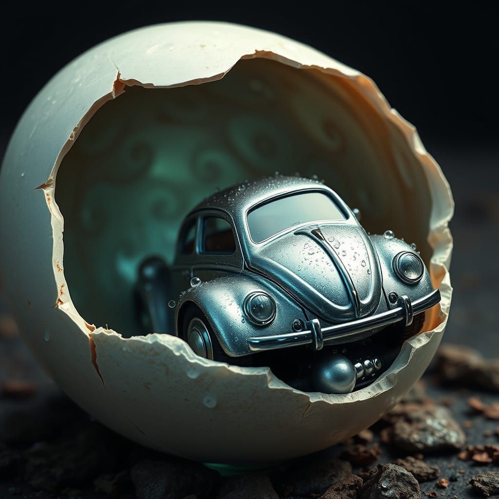 Emerging Beetle from Iridescent Eggshell in Cyberpunk Style