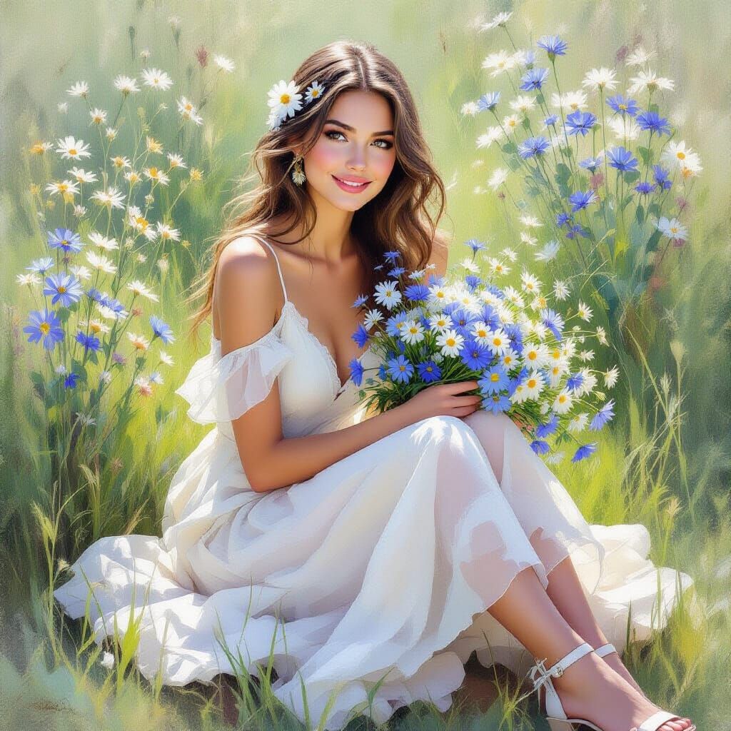 Woman in Garden with Flowers, in Abstract Style