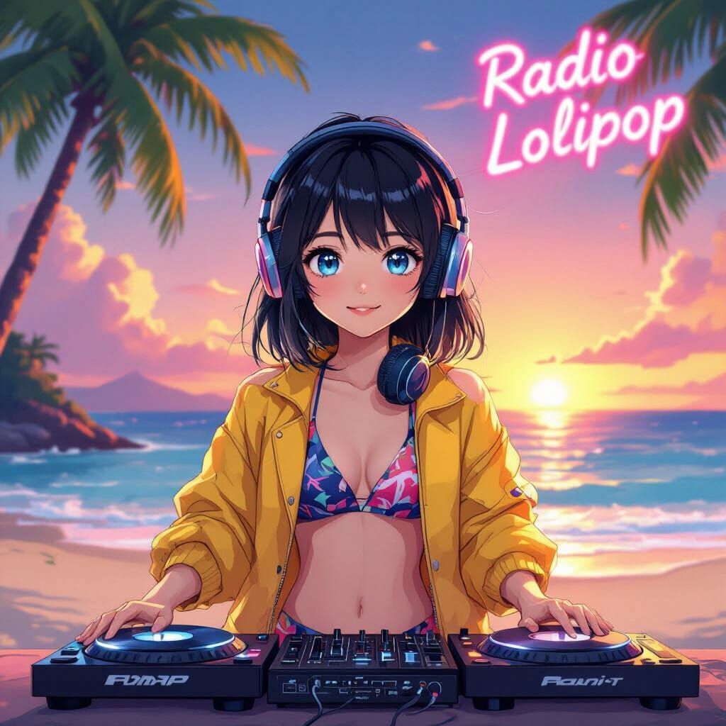 Anime Girl DJing on Beach at Sunset