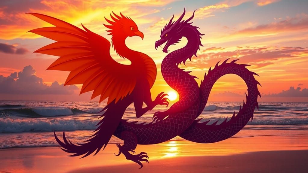 Surreal Phoenix Dragon Merges with Bali Beach Sunset in Vibr...