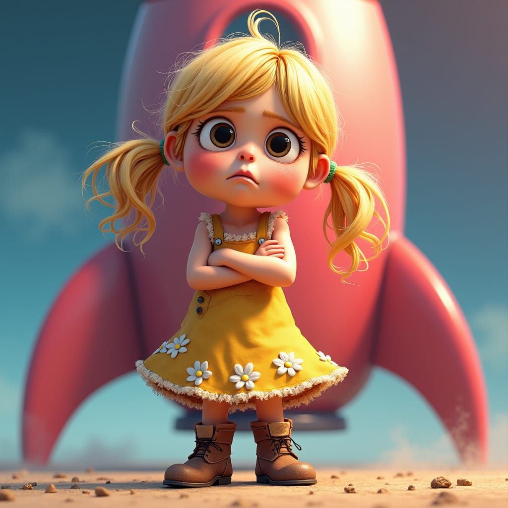 Grumpy Girl and Rocket Ship in Hyperrealistic Style