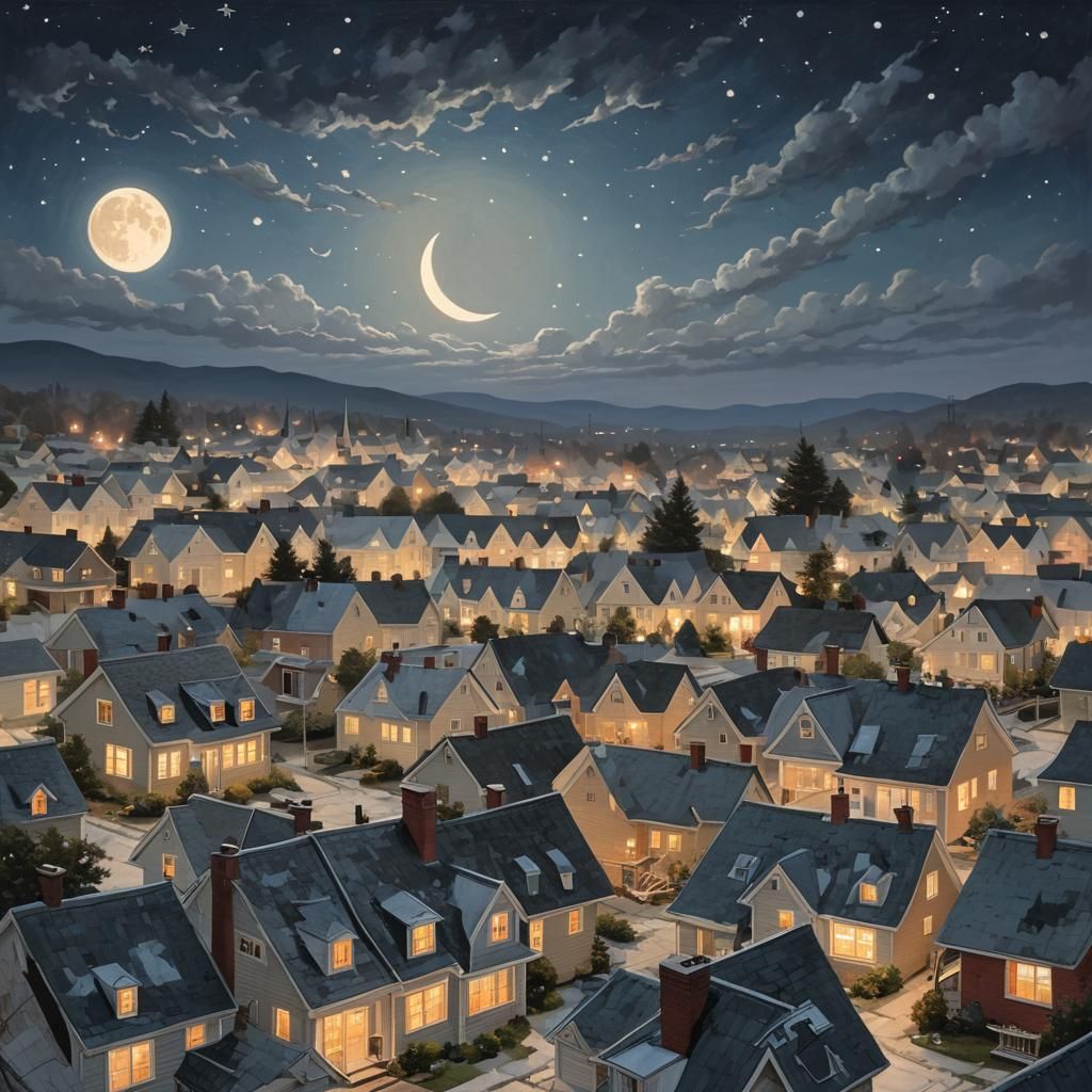 Cat Observes Quiet Suburban Nightscape Under Crescent Moon