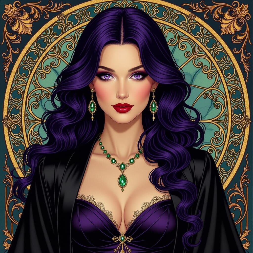 Elegant Woman in Art Nouveau Style with Violet Eyes