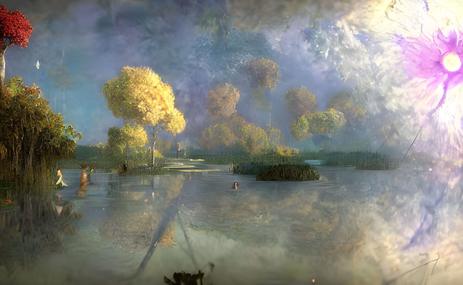 Biopunk Summer Landscape with Erupting Pond