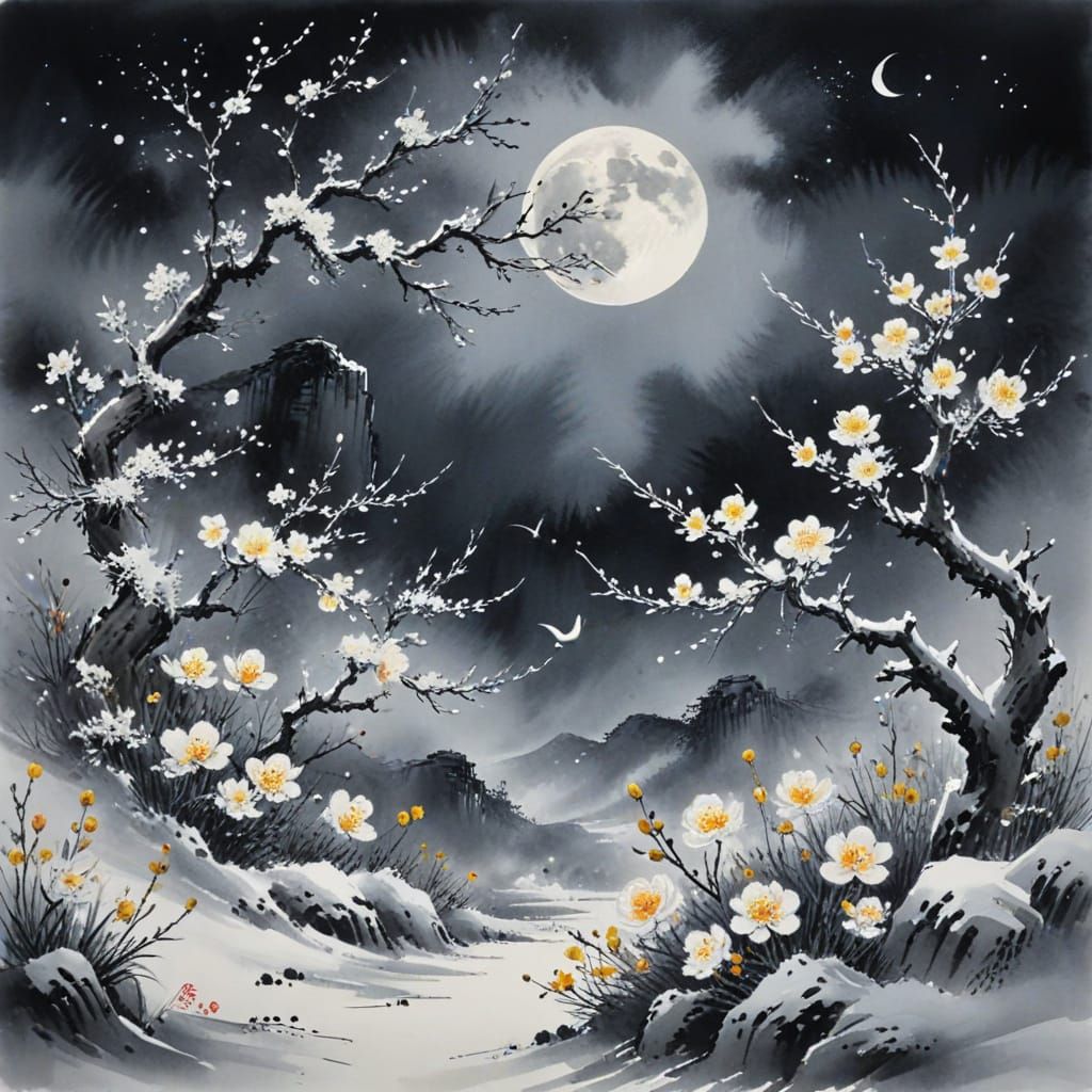 Chinese Ink Painting of Wind, Flowers, Snow, Moon