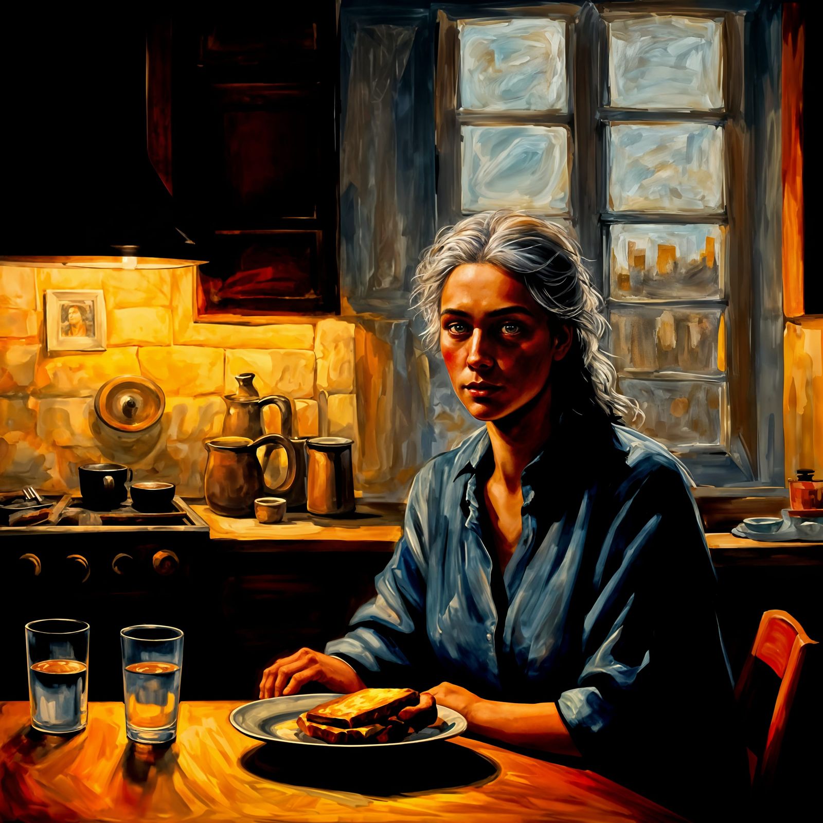 Man Sitting Alone at Kitchen Table with Photo