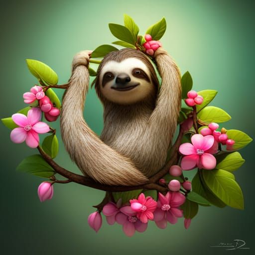 Sloth in a Flower Tree: Pixar-Style 3D Render