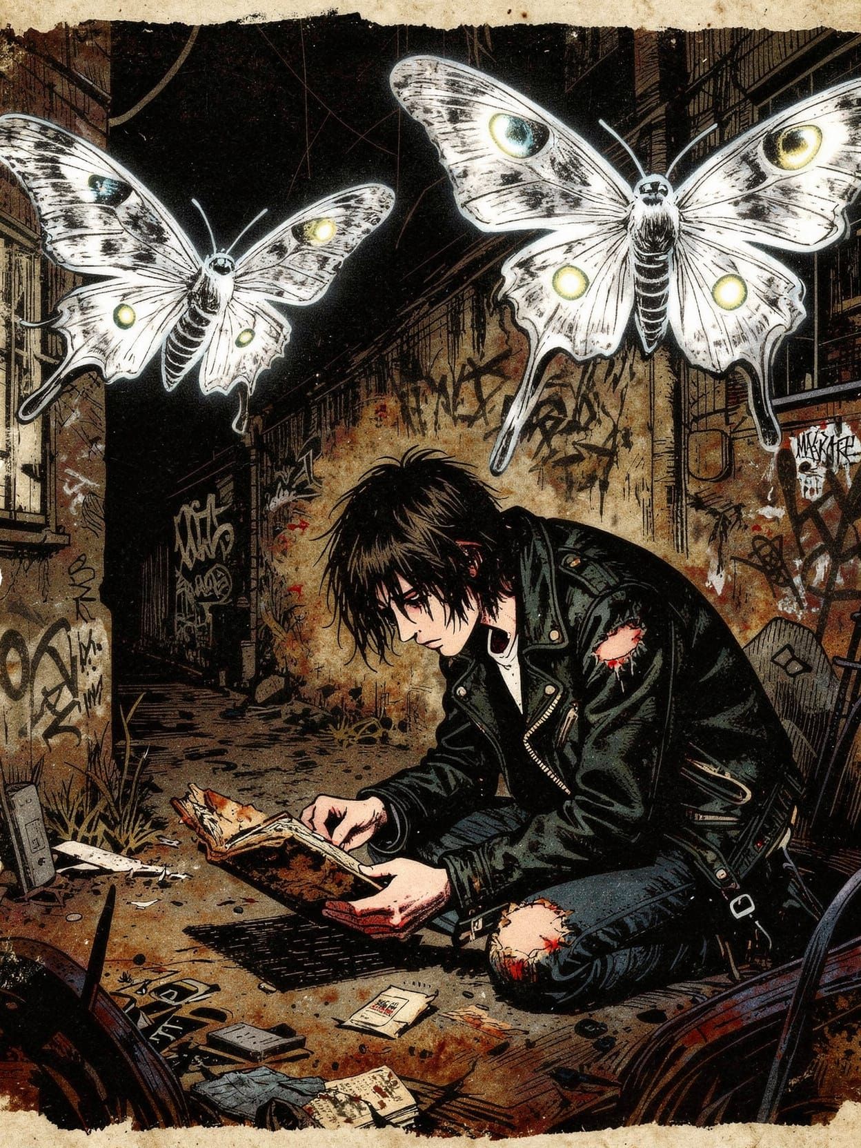 Lone Figure and Ethereal Moths in Alleyway