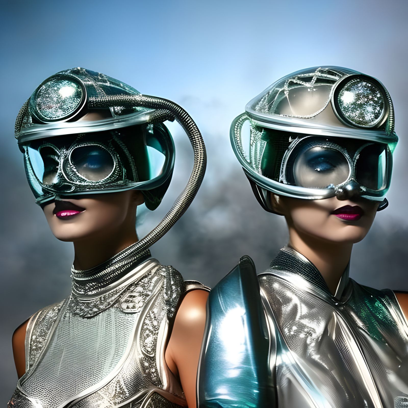 Alien Pilots in Iridescent Glass Armor: Vintage Photo