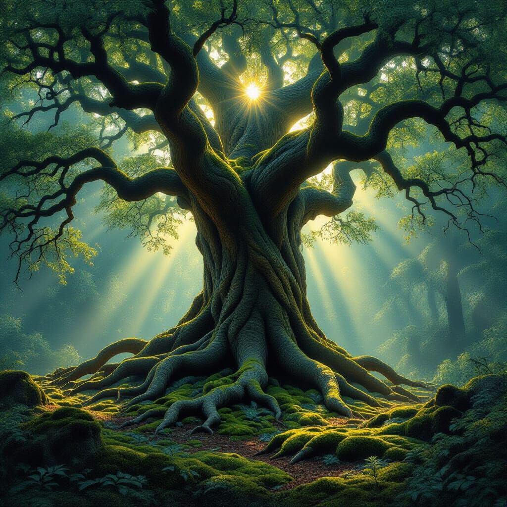 Ancient Serpent Root Tree in Luminous Forest