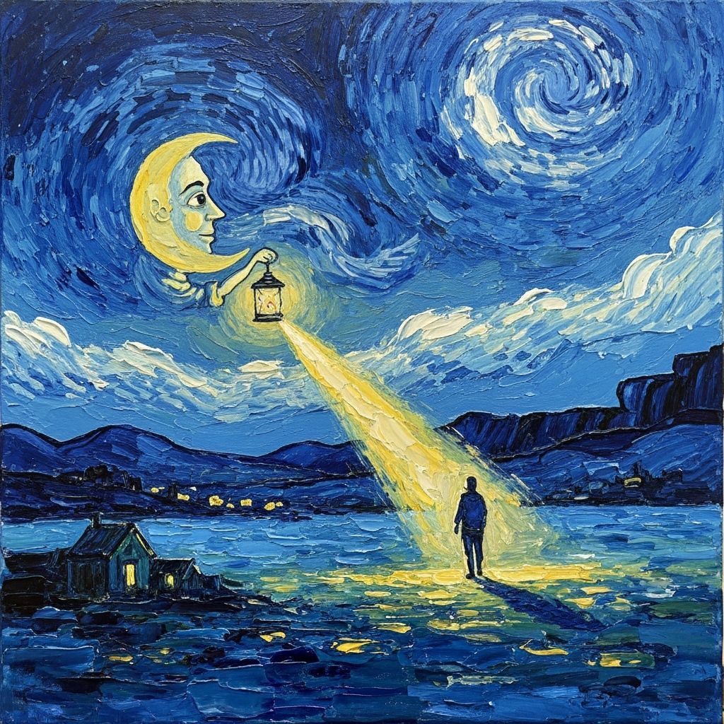 Crescent Moon Character Guides Wanderer with Lantern Light