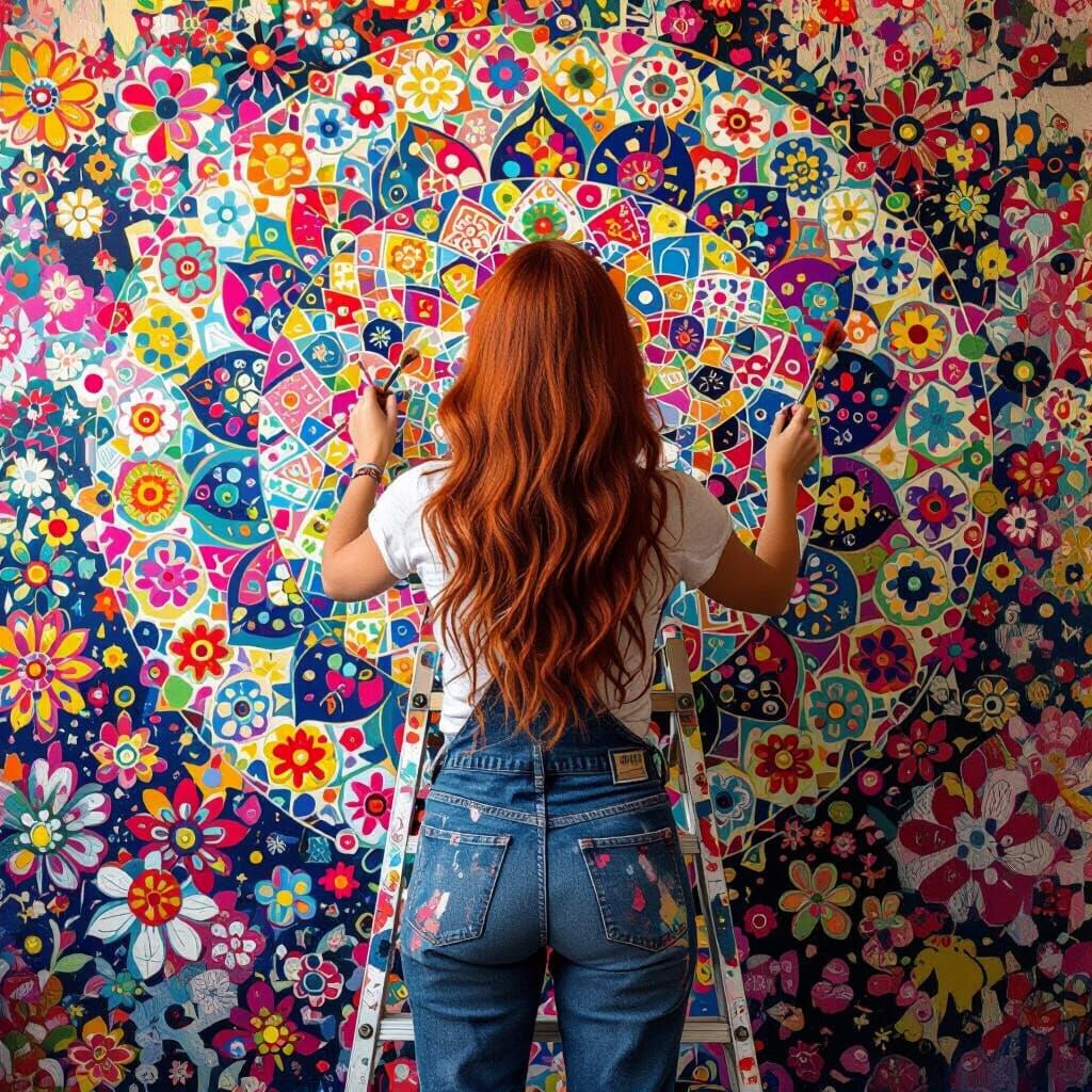 Woman Painting Mural with Mandala Patterns in Pop Art Style