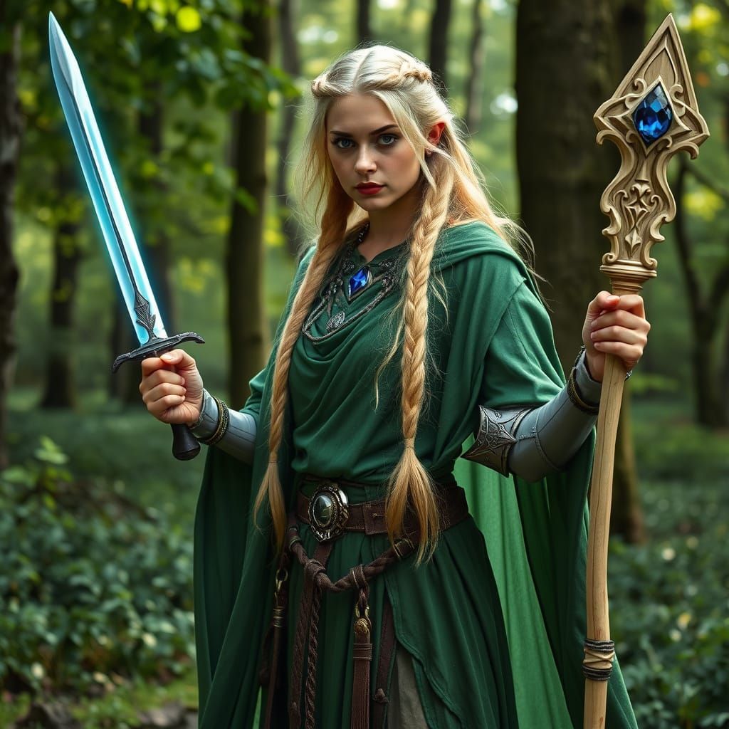 Elven Sorceress in Verdant Forest with Magic Sword