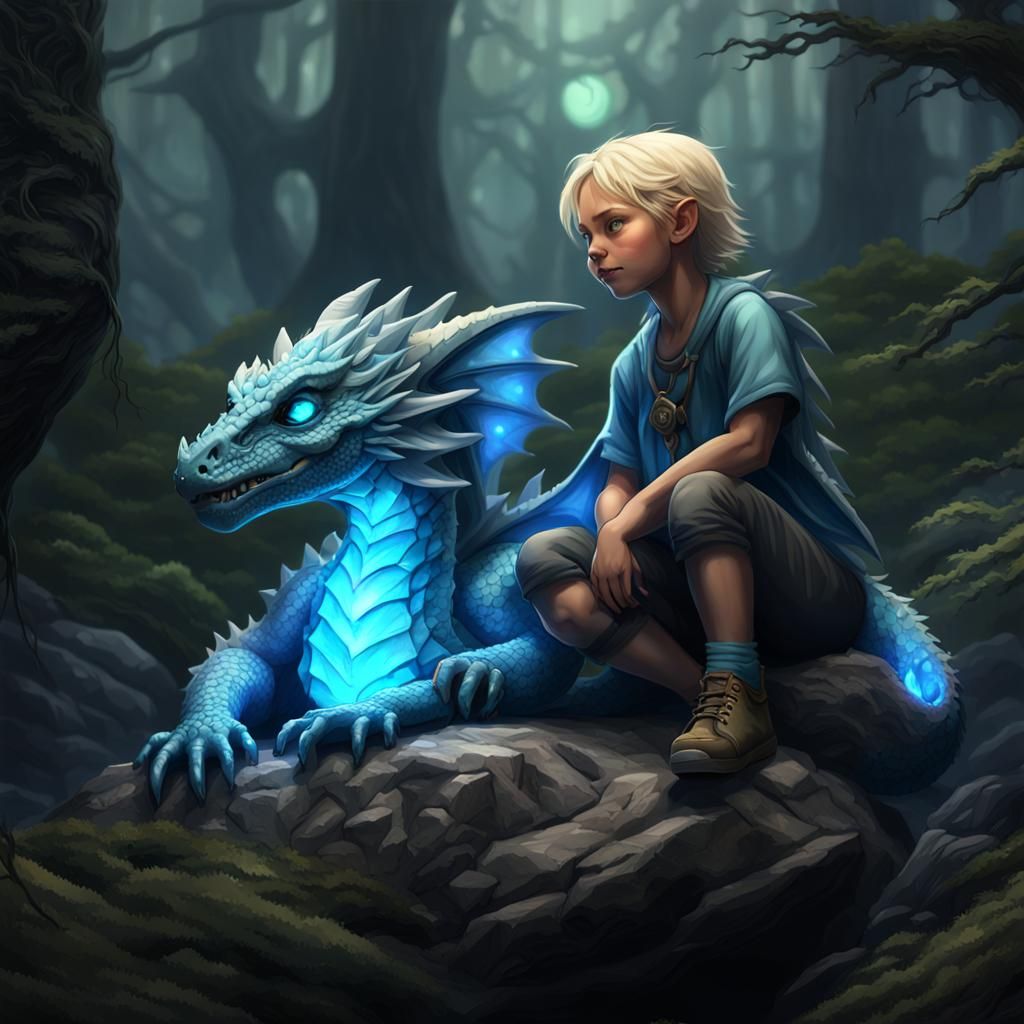 Girl Cuddles Adorable Glowing Dragon: Dark Fantasy Art