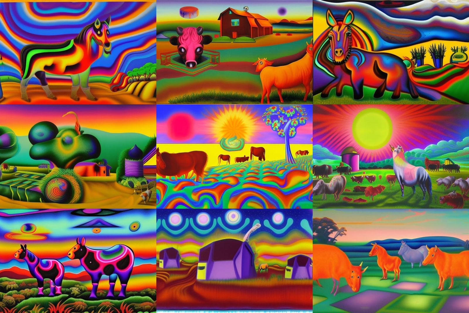 Psychedelic Farm Animals at Twilight: Oil Painting