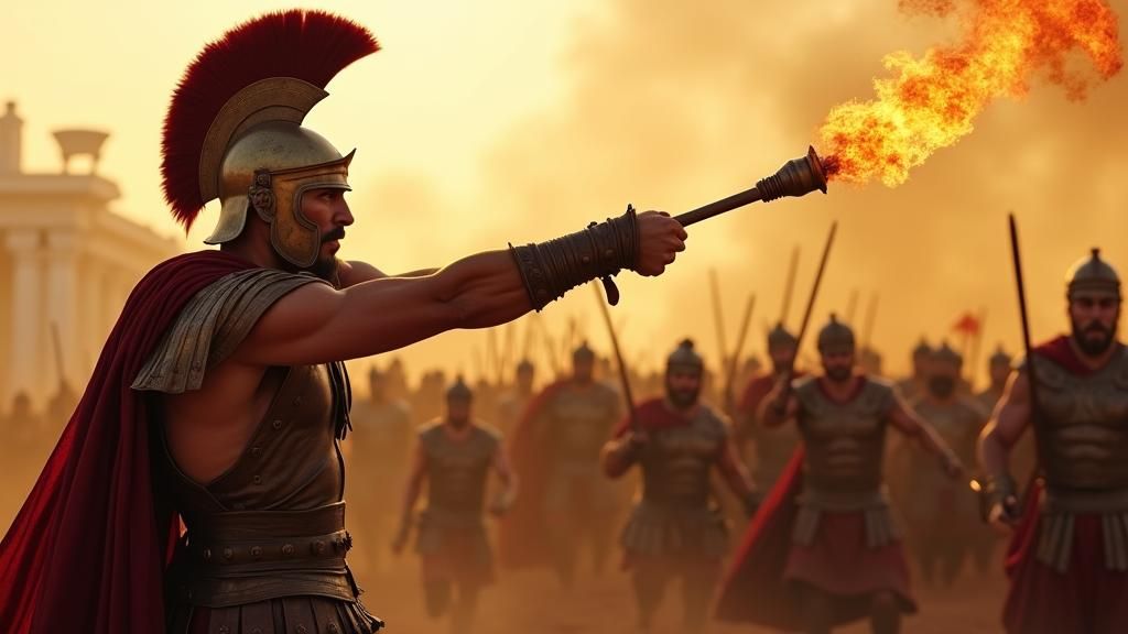 Greek Warrior with Flamethrower in Ancient Battle