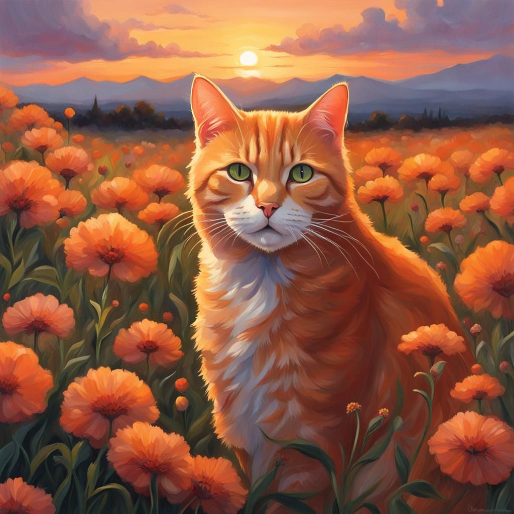 Happy Orange Tabby Cat in Flower Field