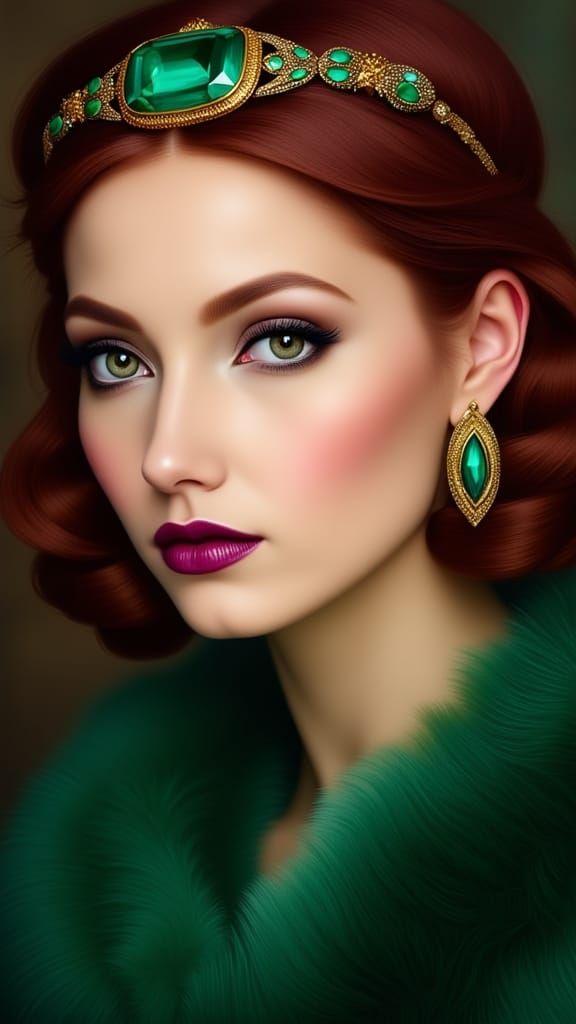 Elegant Woman with Emeralds and Burgundy Hair