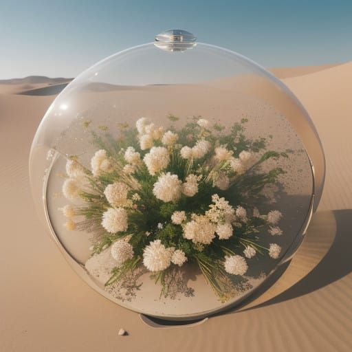 Fiore sotto una cupola di vetro in un deserto moderno