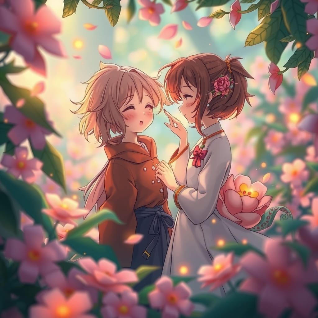 Whimsical Anime-Inspired Moment in Vibrant Japanese Woodbloc...