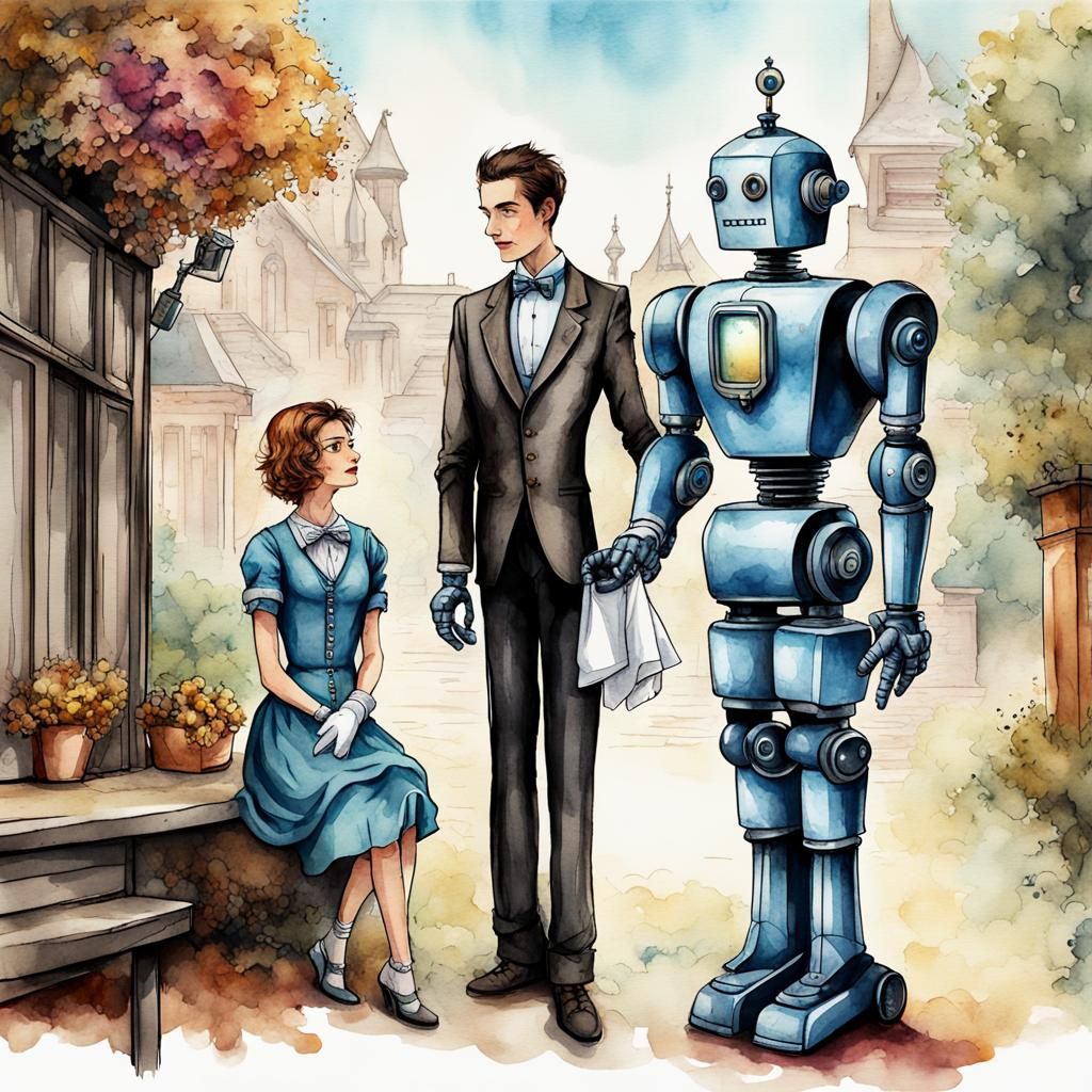 Antique Robot Butlers in Watercolor and Ink